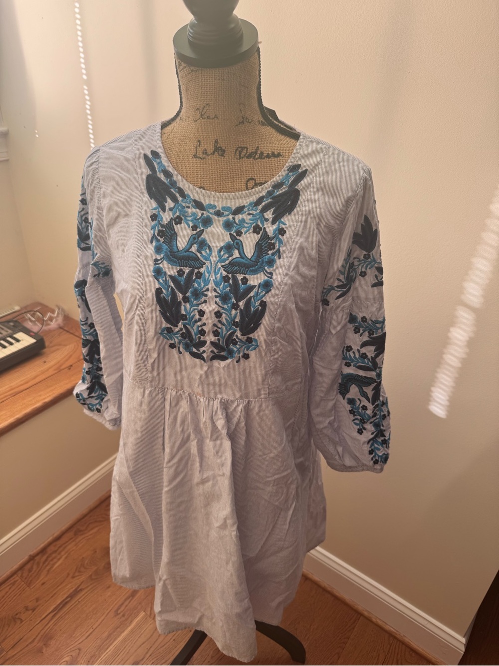 Chelsea & Theodore Pale Blue Dress with Teal and Navy Embroidery